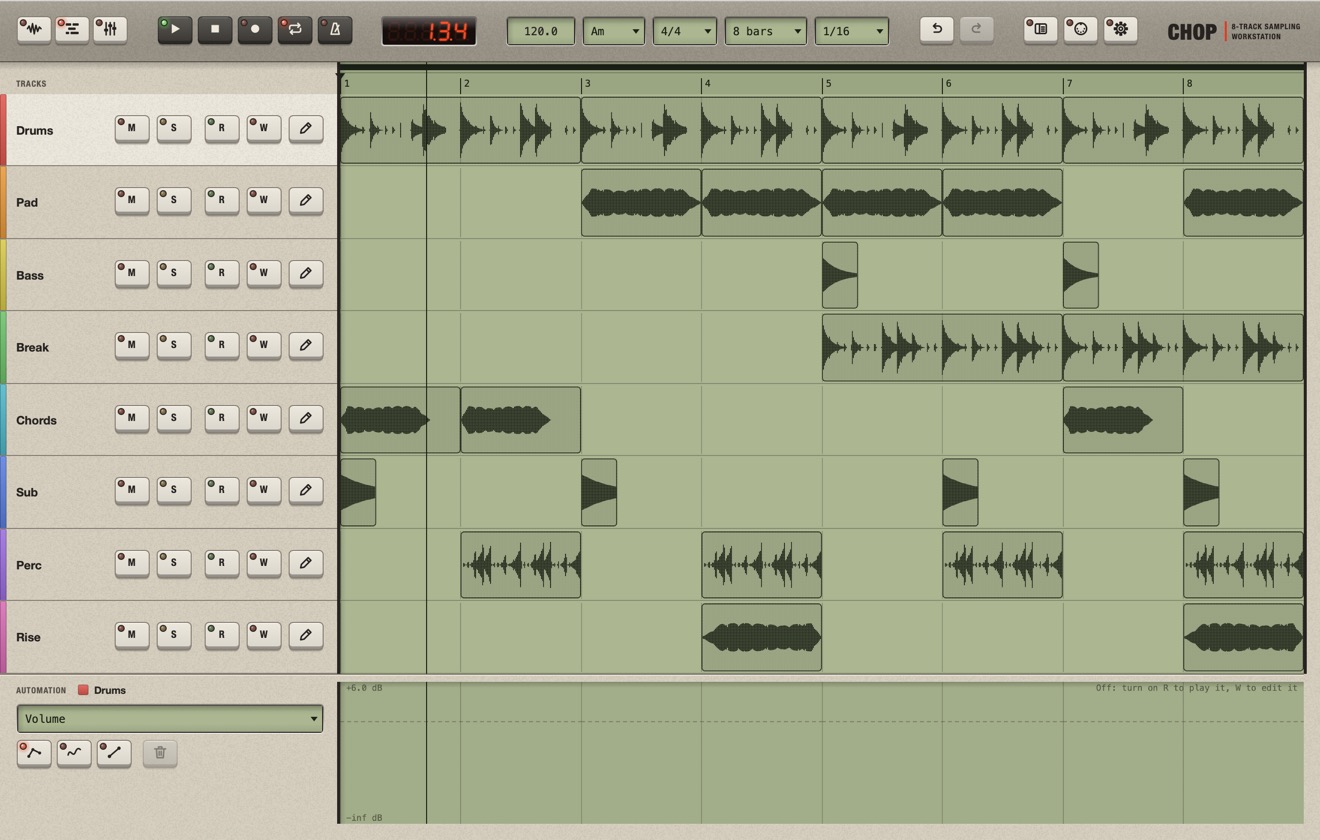 Chop's Multitrack screen: eight coloured tracks with their parts laid out over eight bars, and an automation lane below.